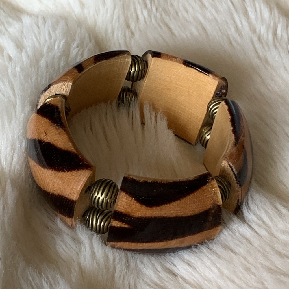 Vintage Stretch wood bangle beaded tiger striped bracelet